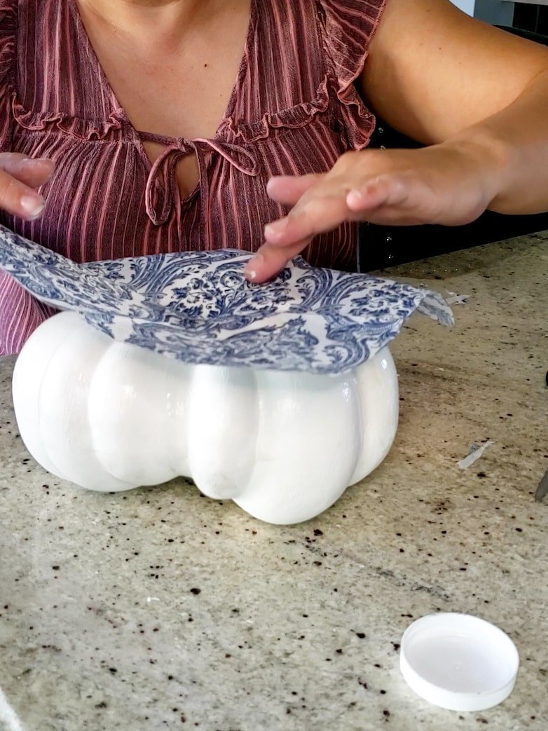 DIY blue and white decoupage pumpkins