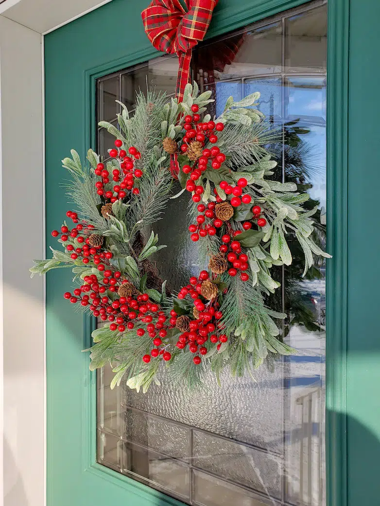 2021 Christmas home tour starting at the front door with a Christmas wreath.