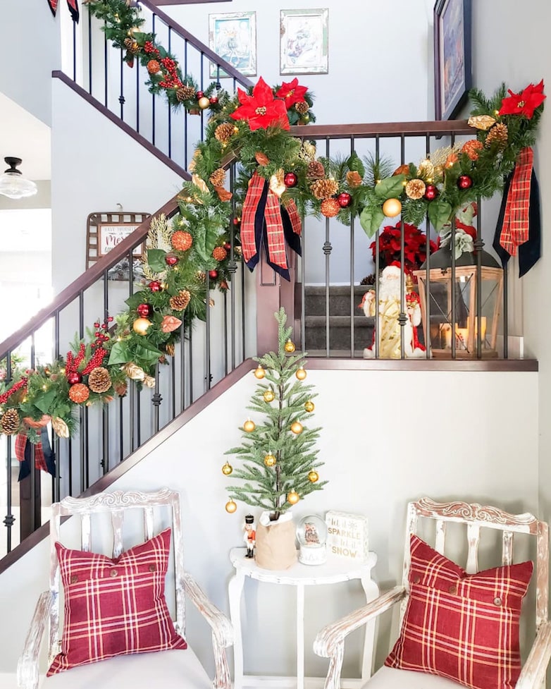 Stairs decorated for Christmas