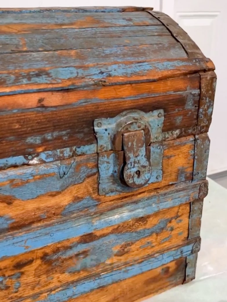 Vintage trunk with chippy blue paint
