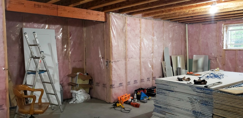 An unfinished, insulated basement