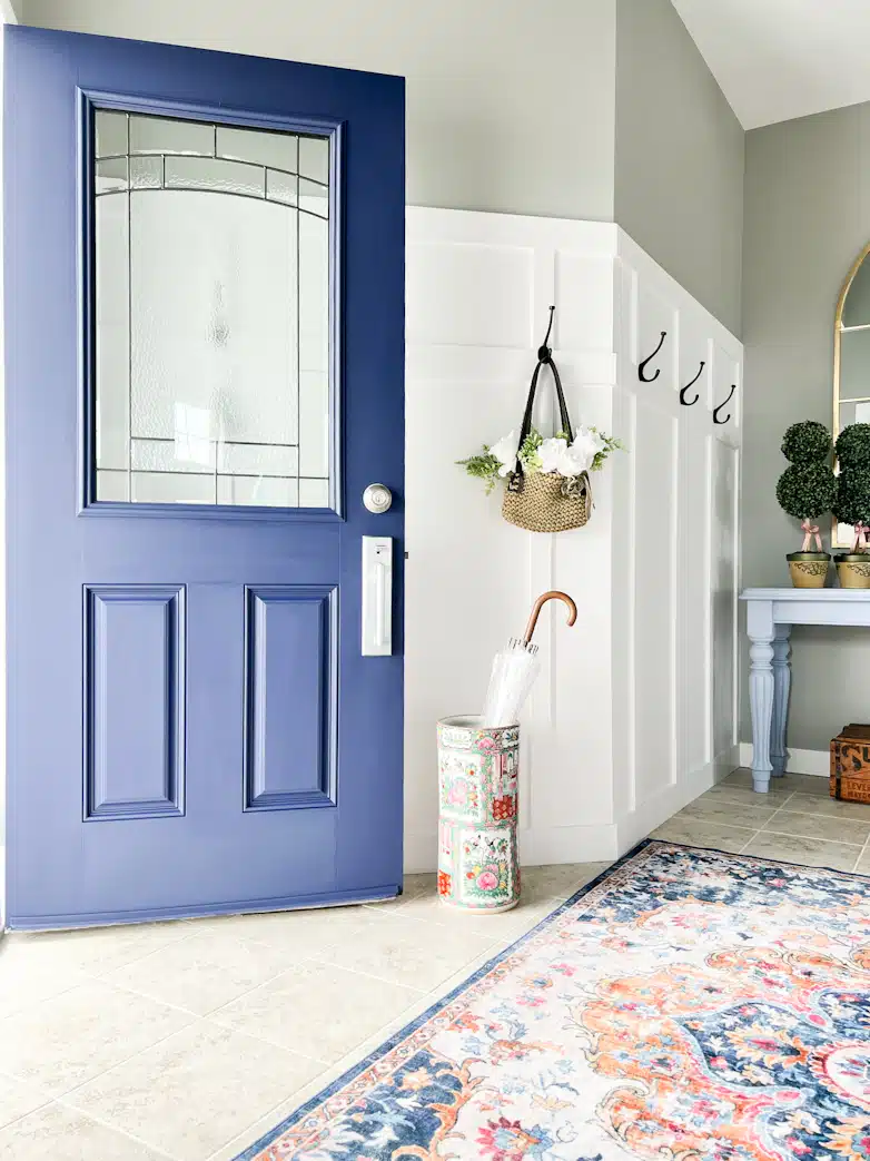 Blue front door painted with Dixie Belle Silk Mineral Paint