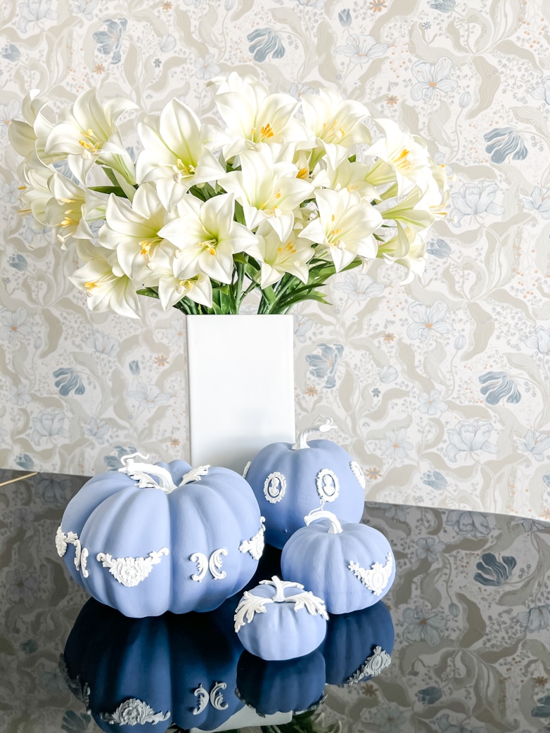 Blue and white decorated pumpkins in the style of Wedgwood Jasperware