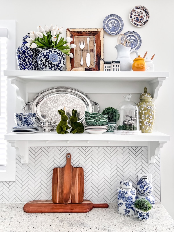 Decorated open shelves in a kitchen