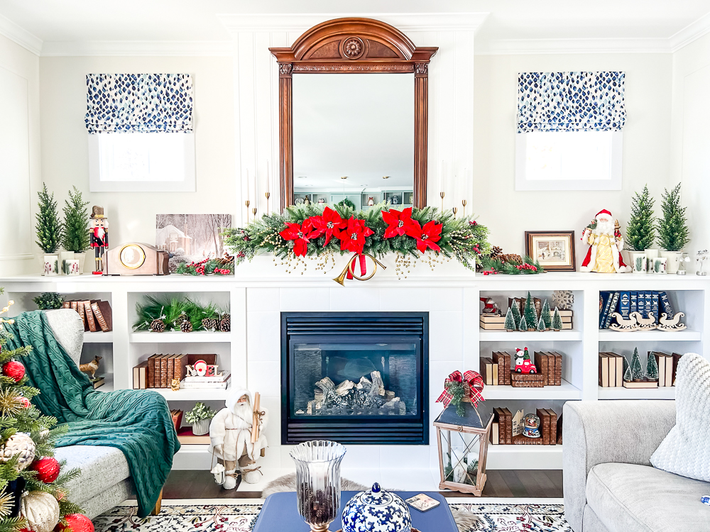 Fire place mantel with red and gold Christmas decorations