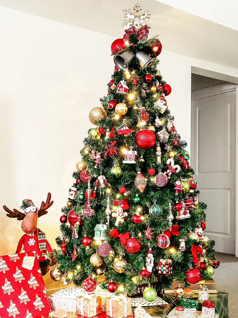 A bright and colorful decorated christmas tree